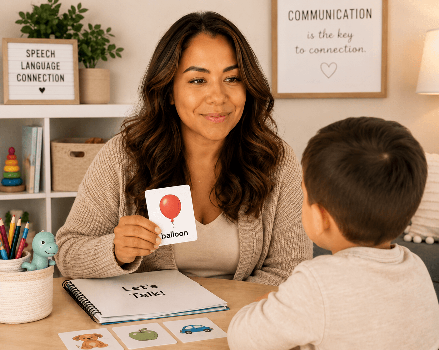 Speech therapist working with a child using flashcards